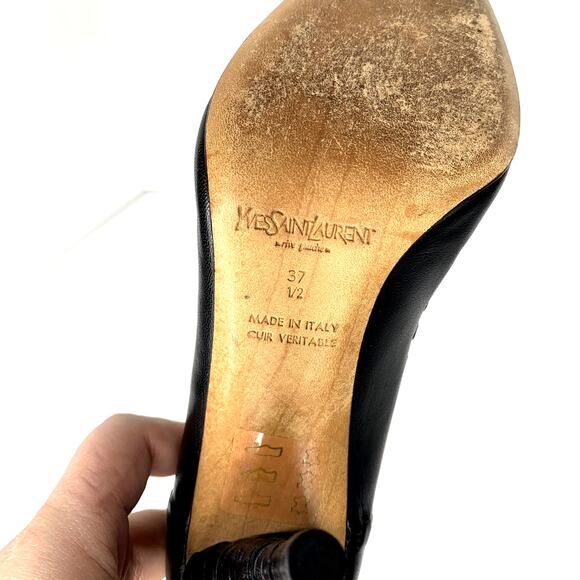 YSL rive gauche line black leather pointy pumps bow accent women's size 37.5 - Picture 8 of 9